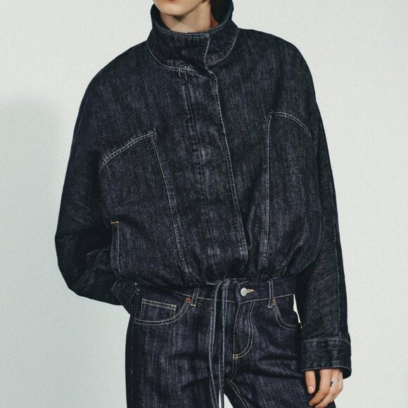 Zara TRF Batwing Sleeve Denim Jacket drawstring waist full zip blue oversized - Picture 1 of 9